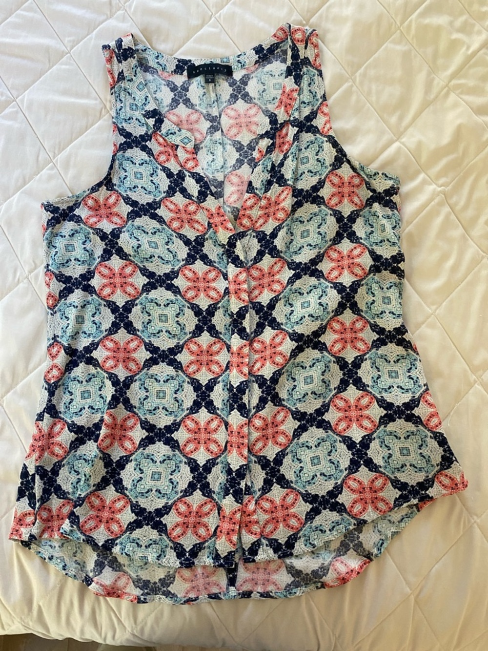 Sanctuary Printed V-Neck Sleeveless Tank - Navy, Coral & Light Blue
